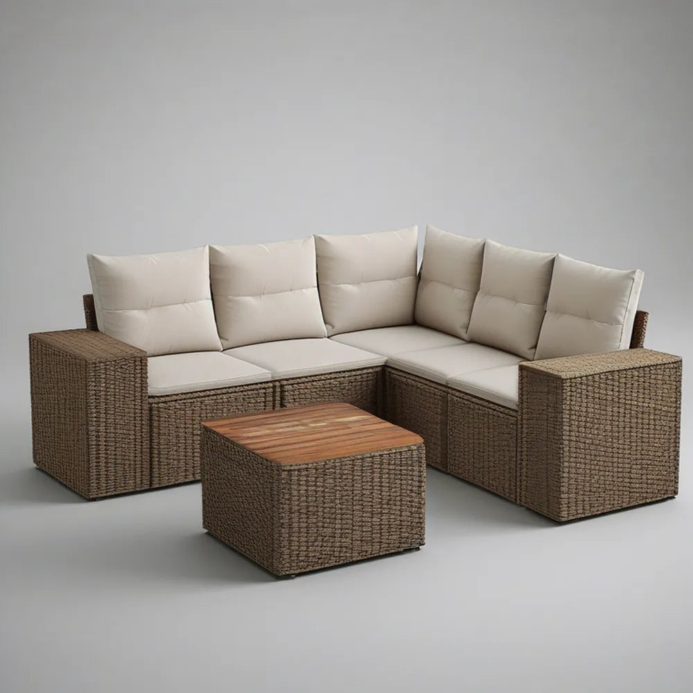4-Piece L-Shaped Outdoor Sectional Set with Coffee Table, Brown/Beige, 76.8 x 76.8 x 25.6 in