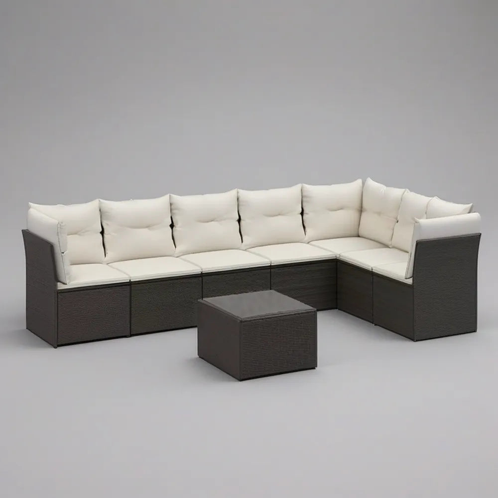 7-Piece Outdoor L-Shaped PE Rattan Sectional Seating Set with Coffee Table, Dark Gray/Cream, 118.1 x 86.6 x 25.6 in