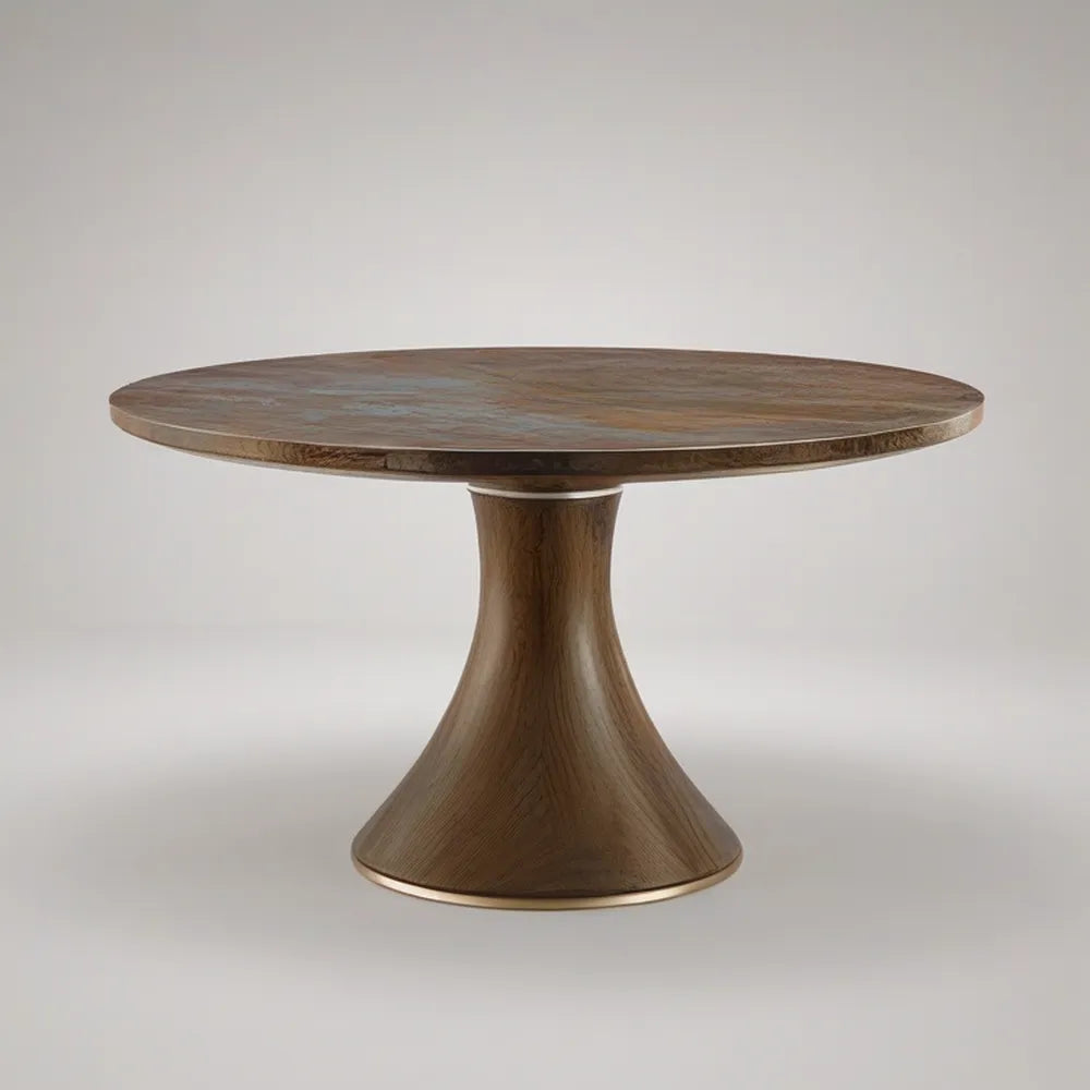 Round Walnut Brown Dining Table with Brass Trim, 48 x 48 x 30 in