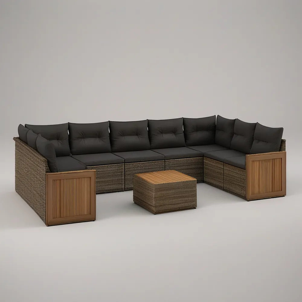 Outdoor L-Shaped PE Rattan Sectional Sofa Set with Acacia Wood Coffee Table, Brown/Dark Gray, 115 x 87 x 31 in
