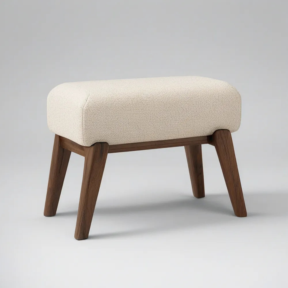 Upholstered Dining Stool, 18 in W x 14 in D x 18 in H, Rectangular Boucle Seat with Solid Rubberwood Legs, Cream/Walnut