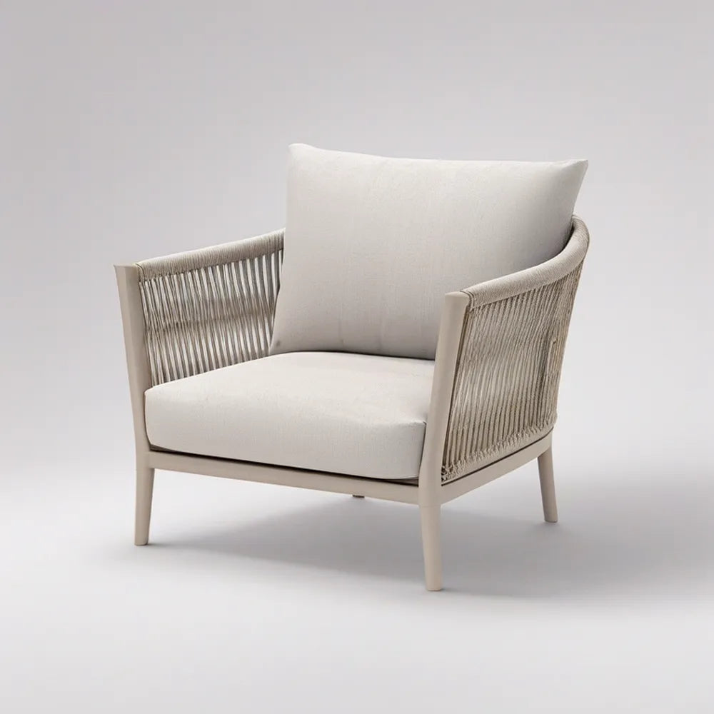 Beige Outdoor Lounge Armchair with Curved Aluminum Frame and Olefin Rope, 29.5 x 30.7 x 30.7 in