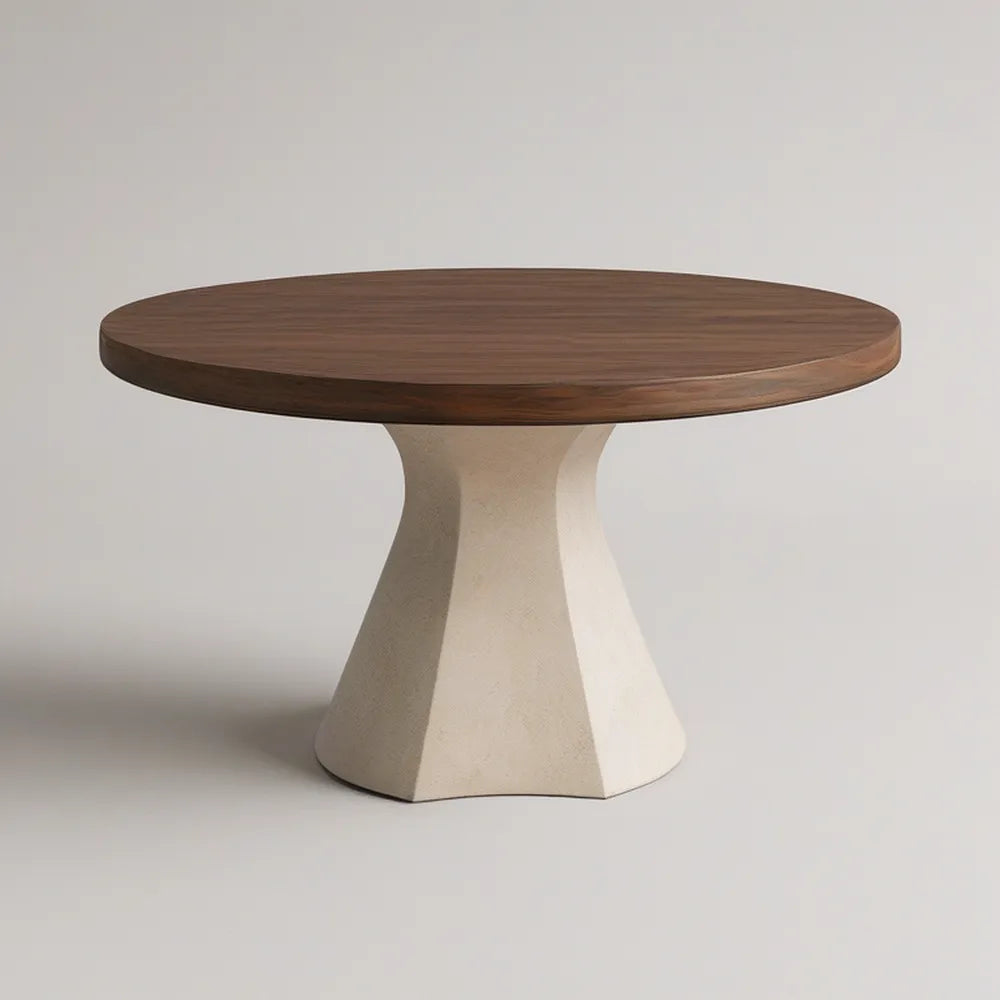 47.2 in Round Walnut Veneer Top with Cream Cement Composite Pedestal Base