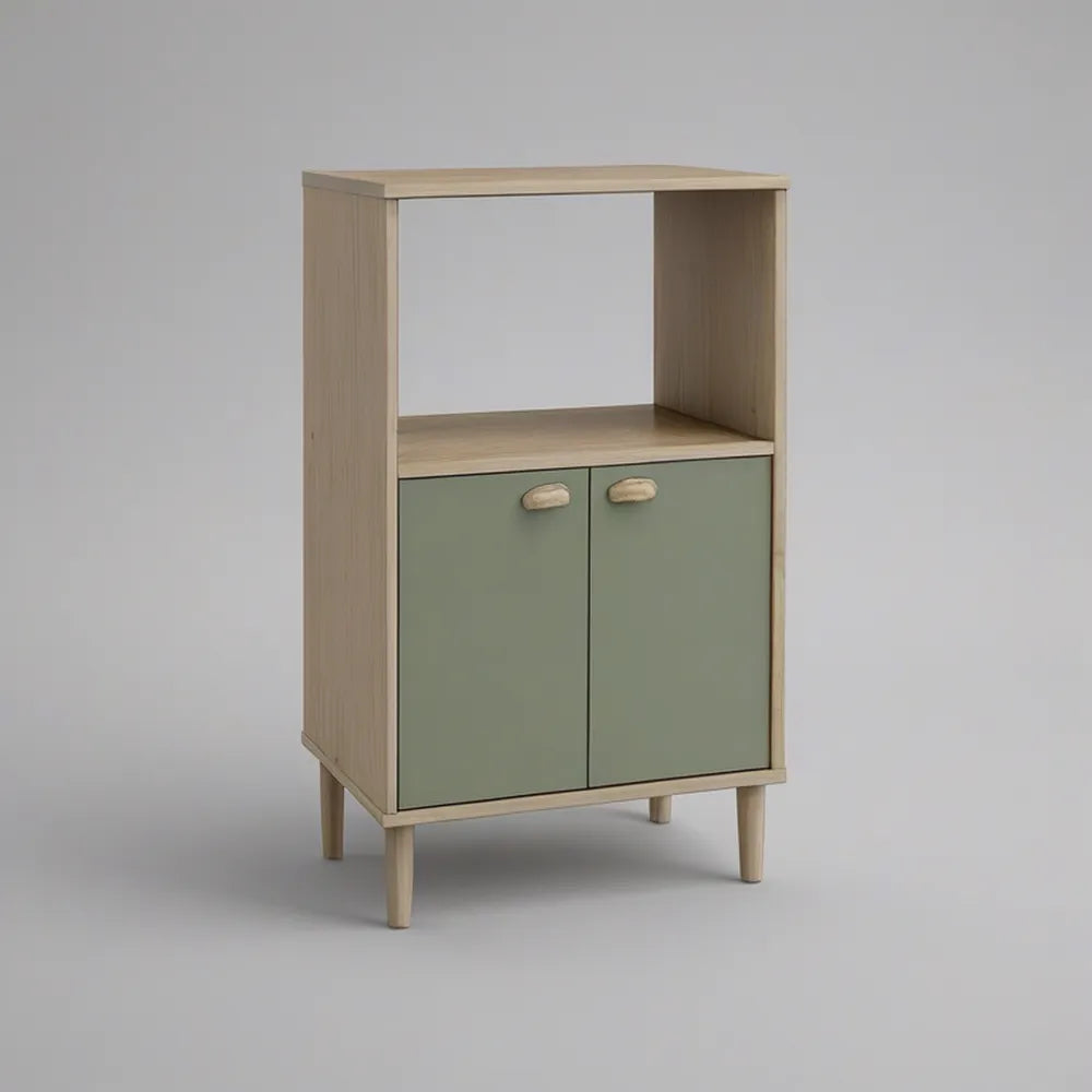 Sage Green and Natural Wood Storage Cabinet with Open Shelf and 2 Doors, 17.7 x 15.7 x 31.5 in