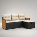 3-Piece Outdoor L-Shaped Corner Sofa Set with Beige Cushions, Black Rattan and Natural Acacia Wood, 200 x 135 x 72 cm