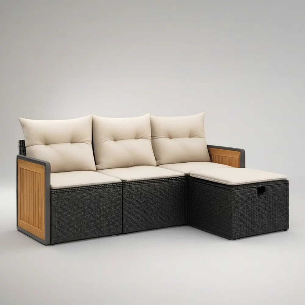 3-Piece Outdoor L-Shaped Corner Sofa Set with Beige Cushions, Black Rattan and Natural Acacia Wood, 200 x 135 x 72 cm