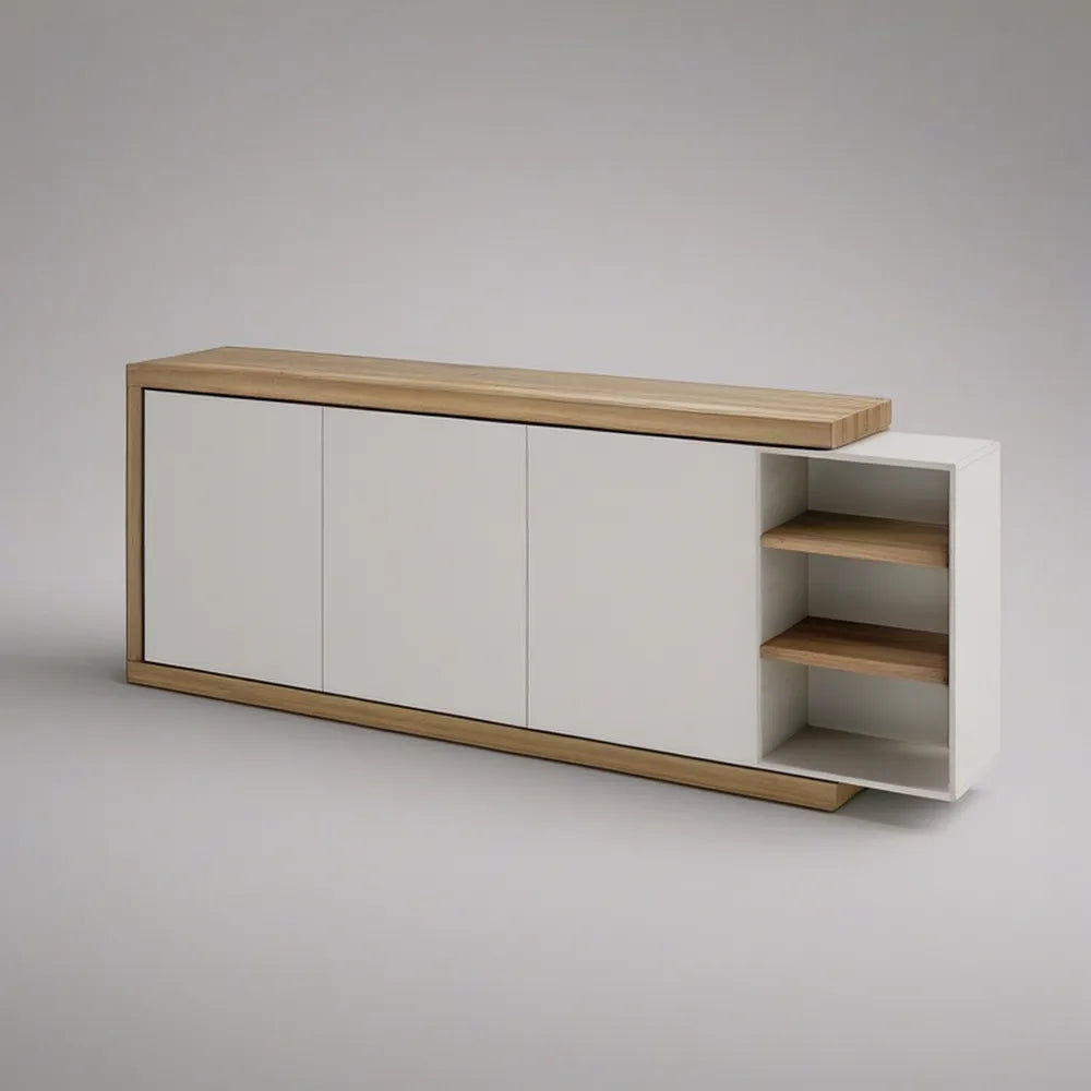 71 in White and Natural Wood Sideboard Buffet Cabinet with 3 Doors and Open Shelves, 71 x 16 x 31.5 in