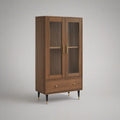 Tall Walnut Storage Cabinet with 2 Ribbed Glass Doors, Drawer and Metal Legs, 35.4 x 17.7 x 70.9 in