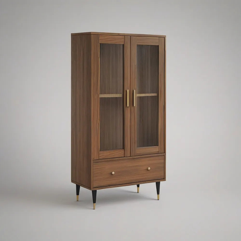 Tall Walnut Storage Cabinet with 2 Ribbed Glass Doors, Drawer and Metal Legs, 35.4 x 17.7 x 70.9 in