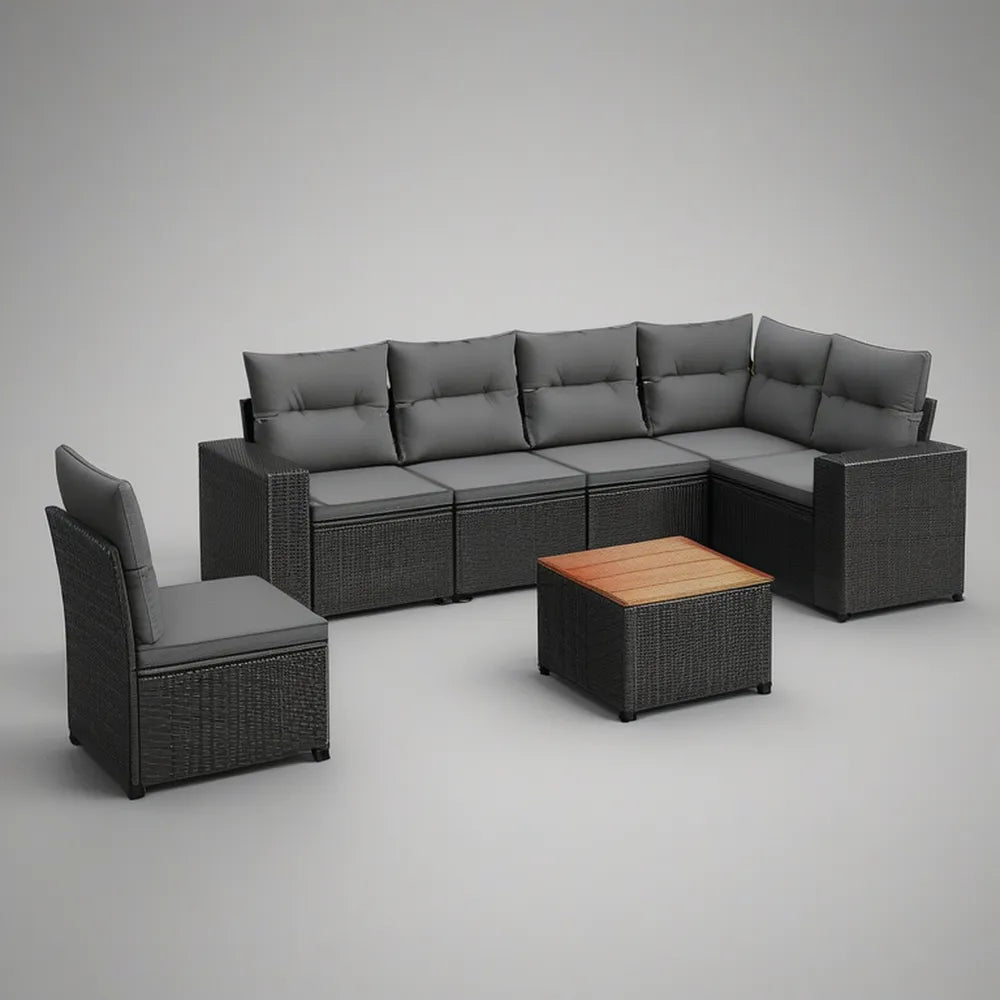 7-Piece Outdoor PE Rattan Sectional Seating Set with Acacia Wood Table, Black/Dark Gray/Brown, 98.4 x 74.8 x 33.5 in
