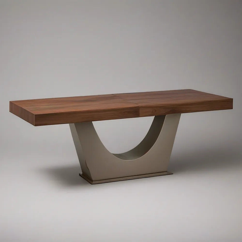 Contemporary Rectangular Walnut Veneer Dining Table with Taupe U-Shaped Pedestal Base, 78 x 39.4 x 29.5 in
