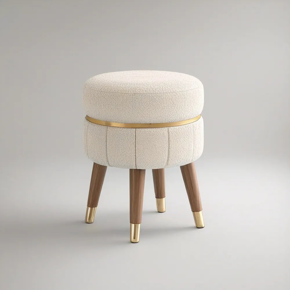 Round Upholstered Stool, 16 in. Diameter x 19 in. H, Cream Boucle, Walnut Brown Wood Legs with Gold Accents