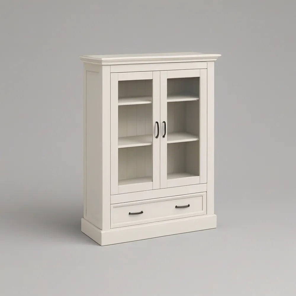 White Engineered Wood Kitchen Sideboard Cabinet with 2 Glass Doors, 1 Drawer and 4 Shelves, 31.5 x 15.7 x 55.1 in