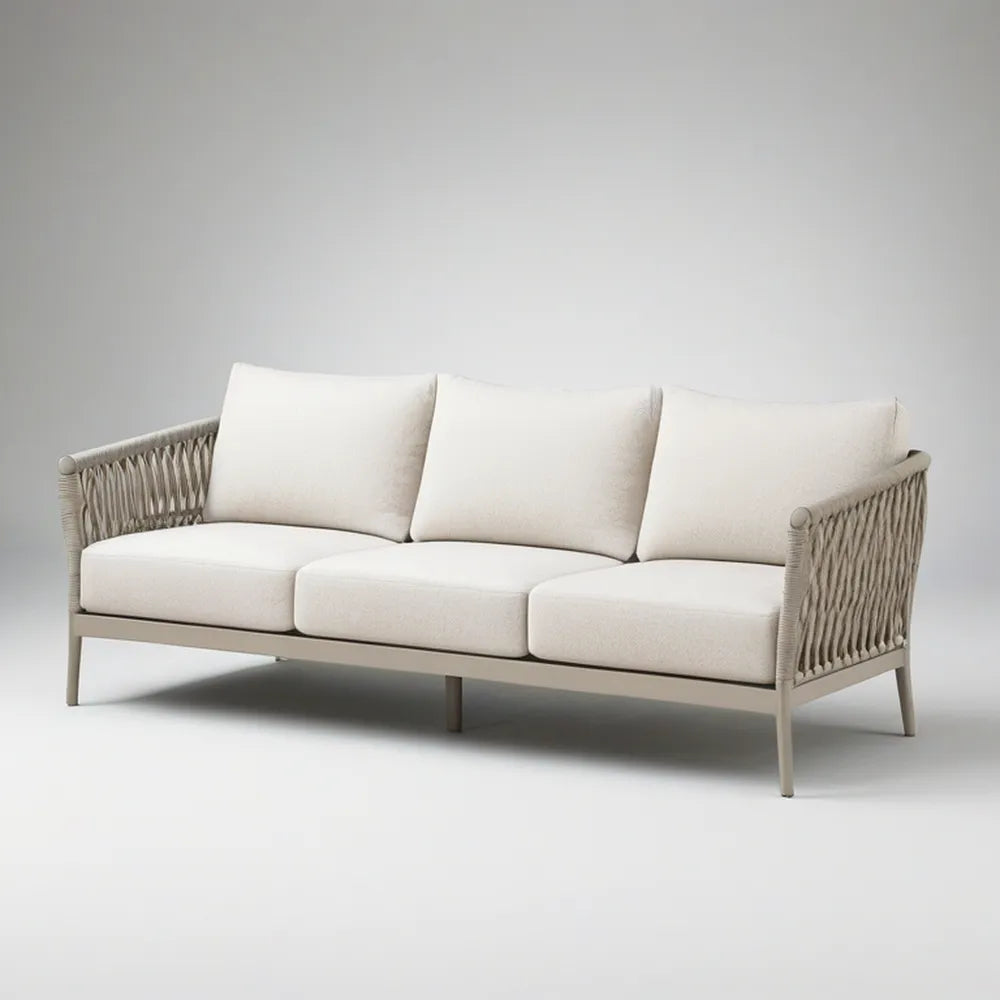 3-Seat Outdoor Sofa, 86.6 x 33.1 x 30.7 in, Powder-Coated Aluminum and Polypropylene Rope, Cream/Beige