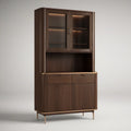 Walnut Brown Veneer Display Cabinet with Glass Doors, Drawers and Brass Accents, 39.4 x 17.7 x 74.8 in
