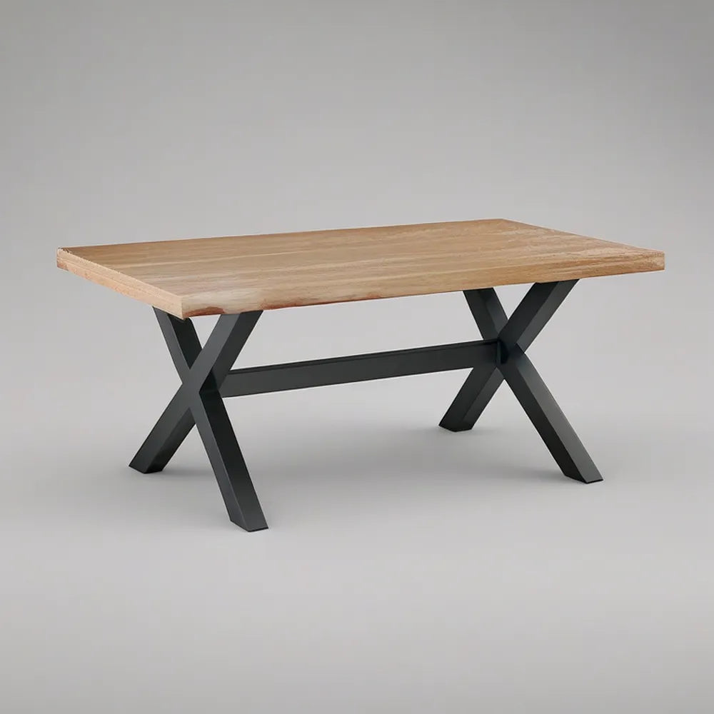 Natural Solid Pine Wood Dining Table with Black Steel X Legs, 70.9 x 35.4 x 29.5 in