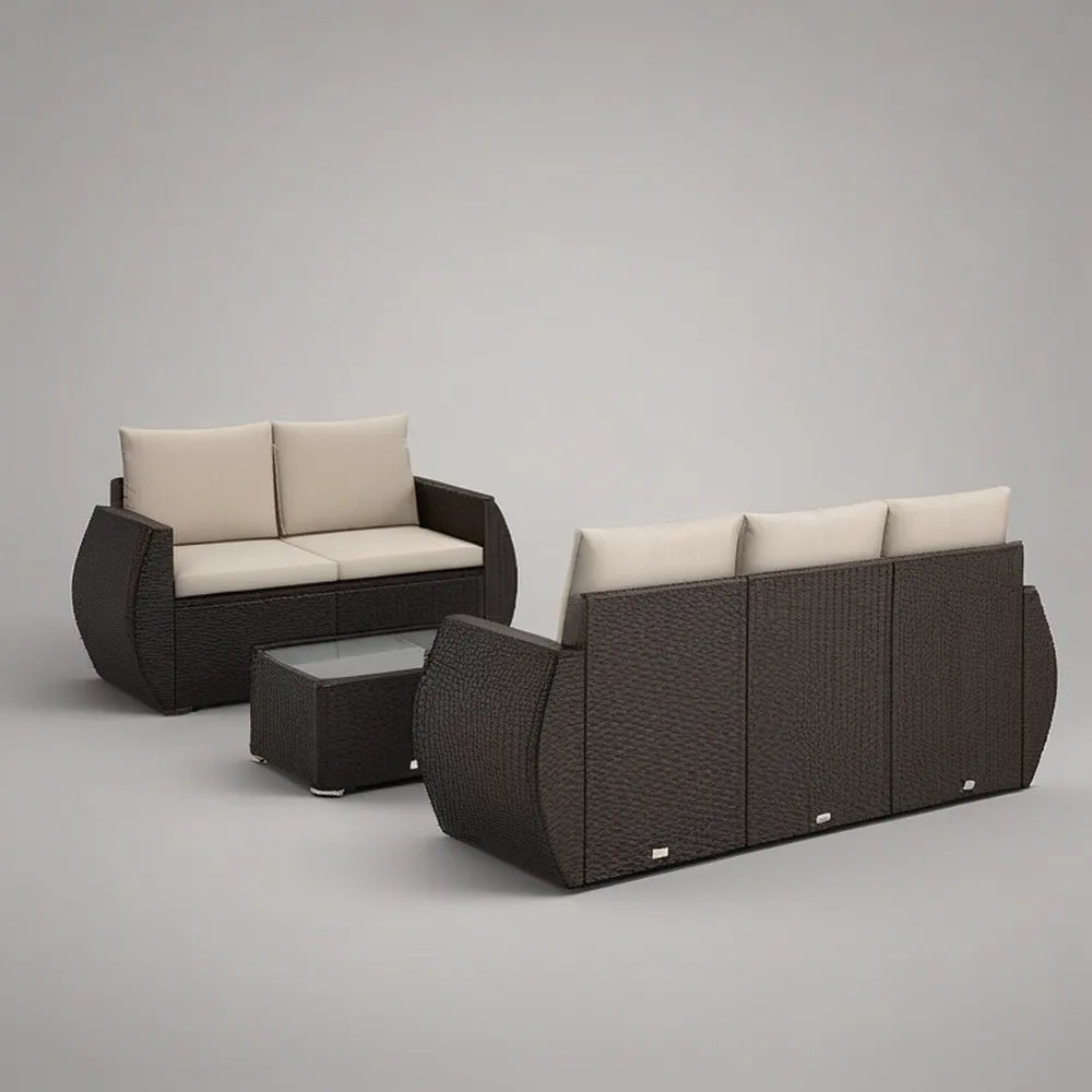 3-Piece Outdoor PE Rattan Conversation Set, Dark Brown with Cream Cushions, Sofa 77 x 30 x 32 in
