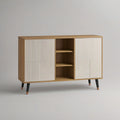 Oak, White and Black Sliding Door Cabinet, 47.2 x 15.7 x 31.5 in