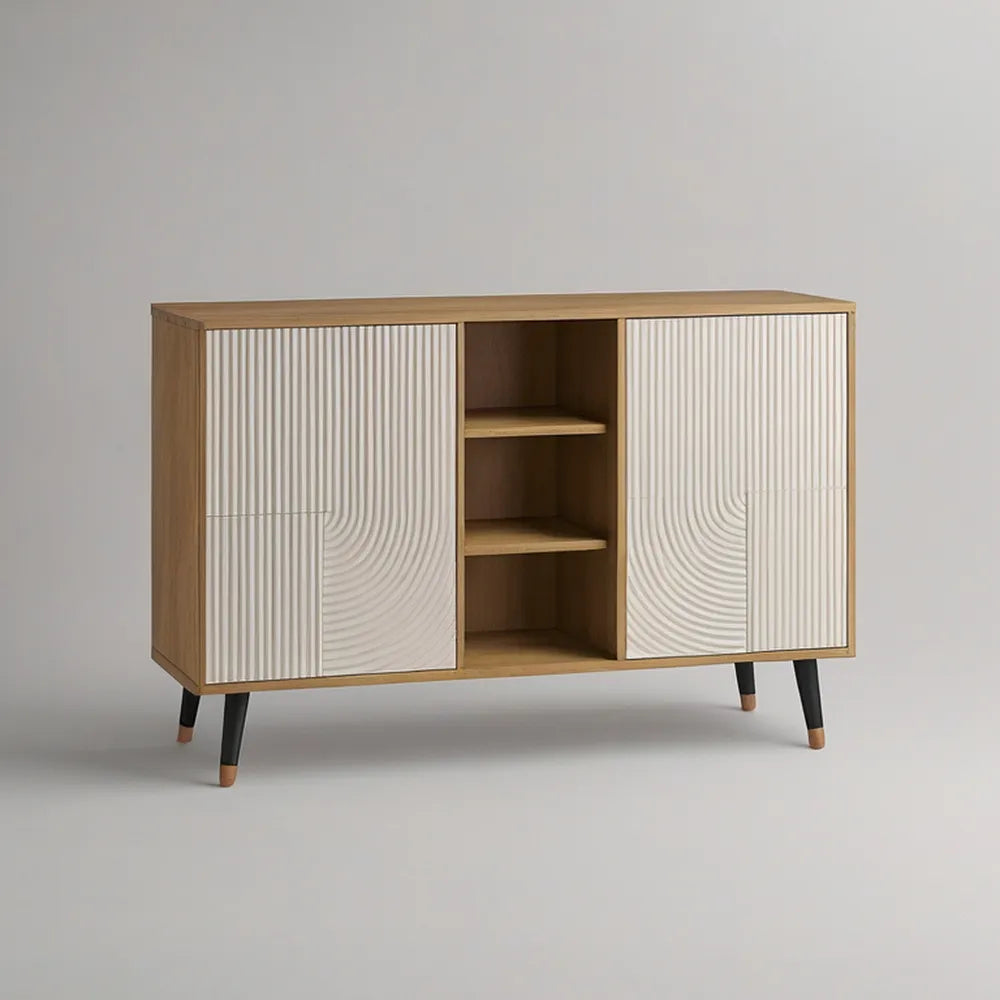Oak, White and Black Sliding Door Cabinet, 47.2 x 15.7 x 31.5 in