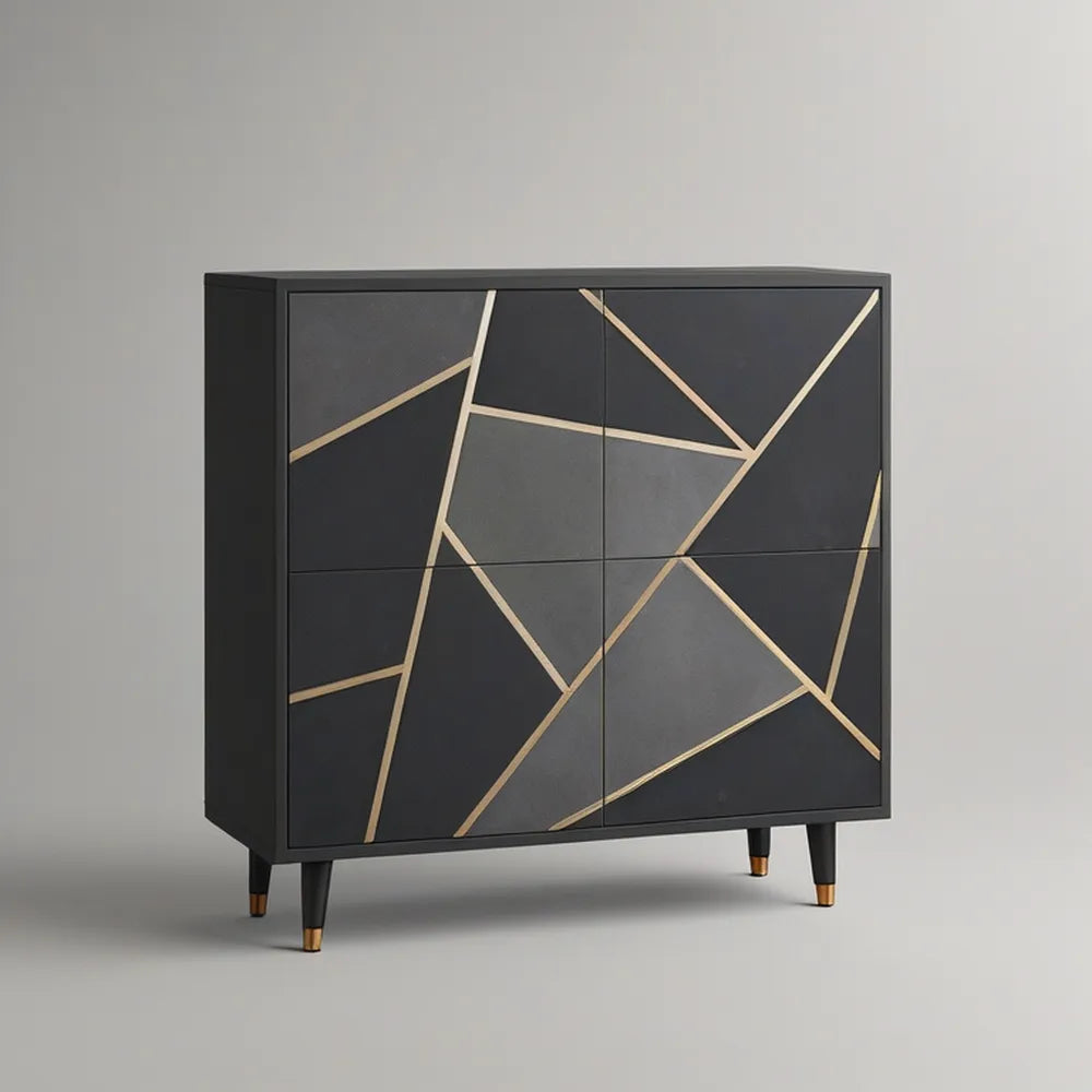 Black/Gold 4-Door Storage Cabinet, 47.2 x 15.7 x 47.2 in, MDF with Geometric Inlay