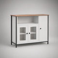 White Sideboard Buffet Cabinet with Natural Rubberwood Top, Black Steel Frame, 3 Doors, 120 x 40 x 90 cm