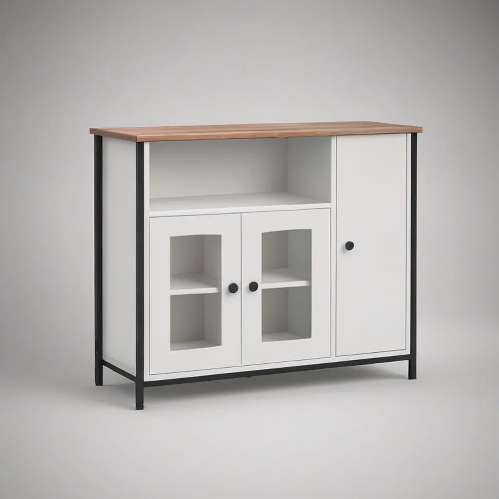 White Sideboard Buffet Cabinet with Natural Rubberwood Top, Black Steel Frame, 3 Doors, 120 x 40 x 90 cm