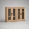 Natural Oak 4-Door Glass Display Cabinet with Black Handles, 160 x 40 x 120 cm