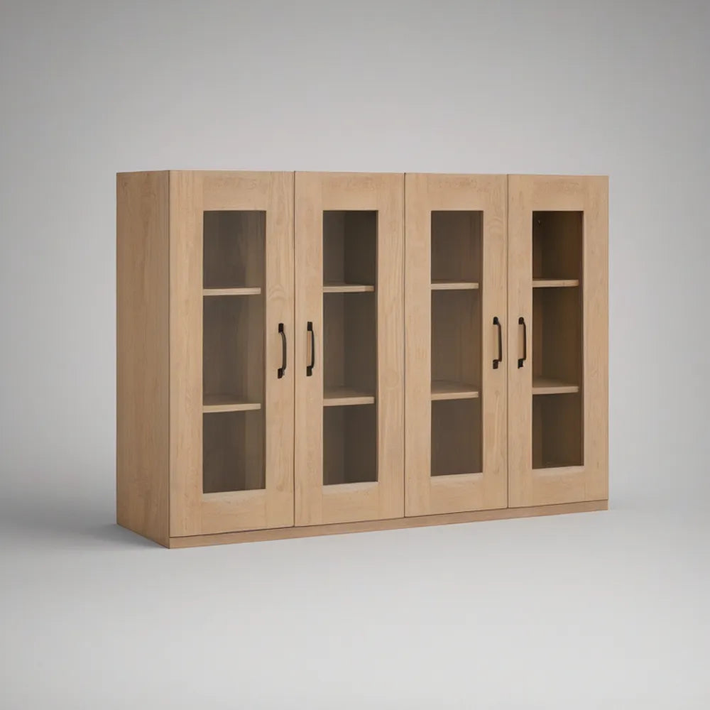 Natural Oak 4-Door Glass Display Cabinet with Black Handles, 160 x 40 x 120 cm