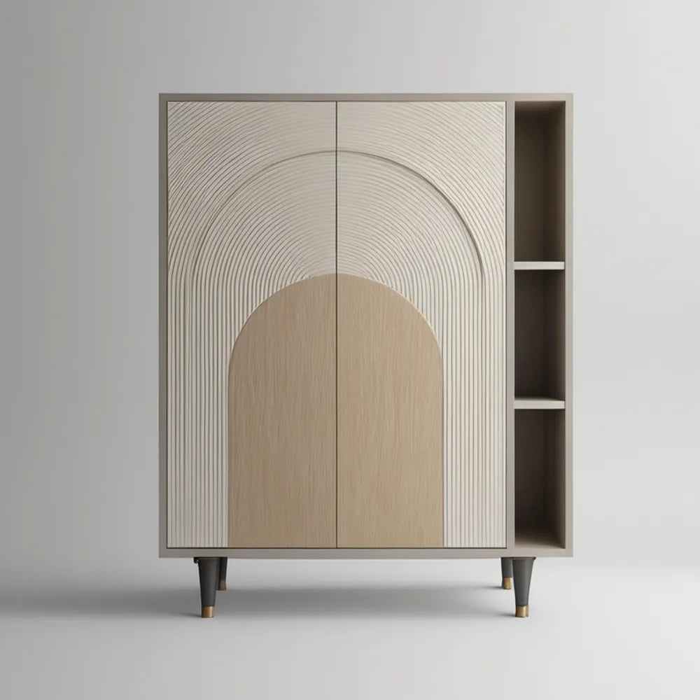 2-Door Sideboard Cabinet with Open Side Shelves, 47.2 x 15.7 x 63 in, Beige and Natural Oak