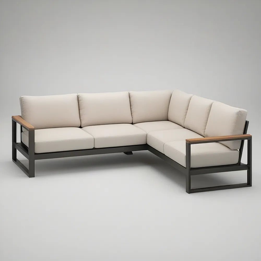 Outdoor L-Shaped Sectional with Right-Side Chaise, 252 x 185 x 73 cm, Beige/Black/Natural Brown