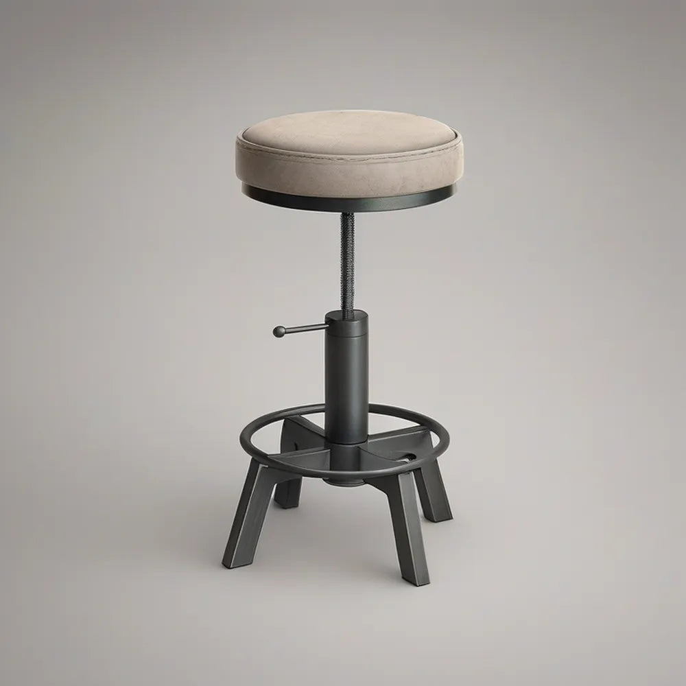 Adjustable Beige PU Leather Round Seat with Black Steel Base, 14.5 in Diameter, 22-30 in Height