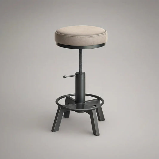 Adjustable Beige PU Leather Round Seat with Black Steel Base, 14.5 in Diameter, 22-30 in Height